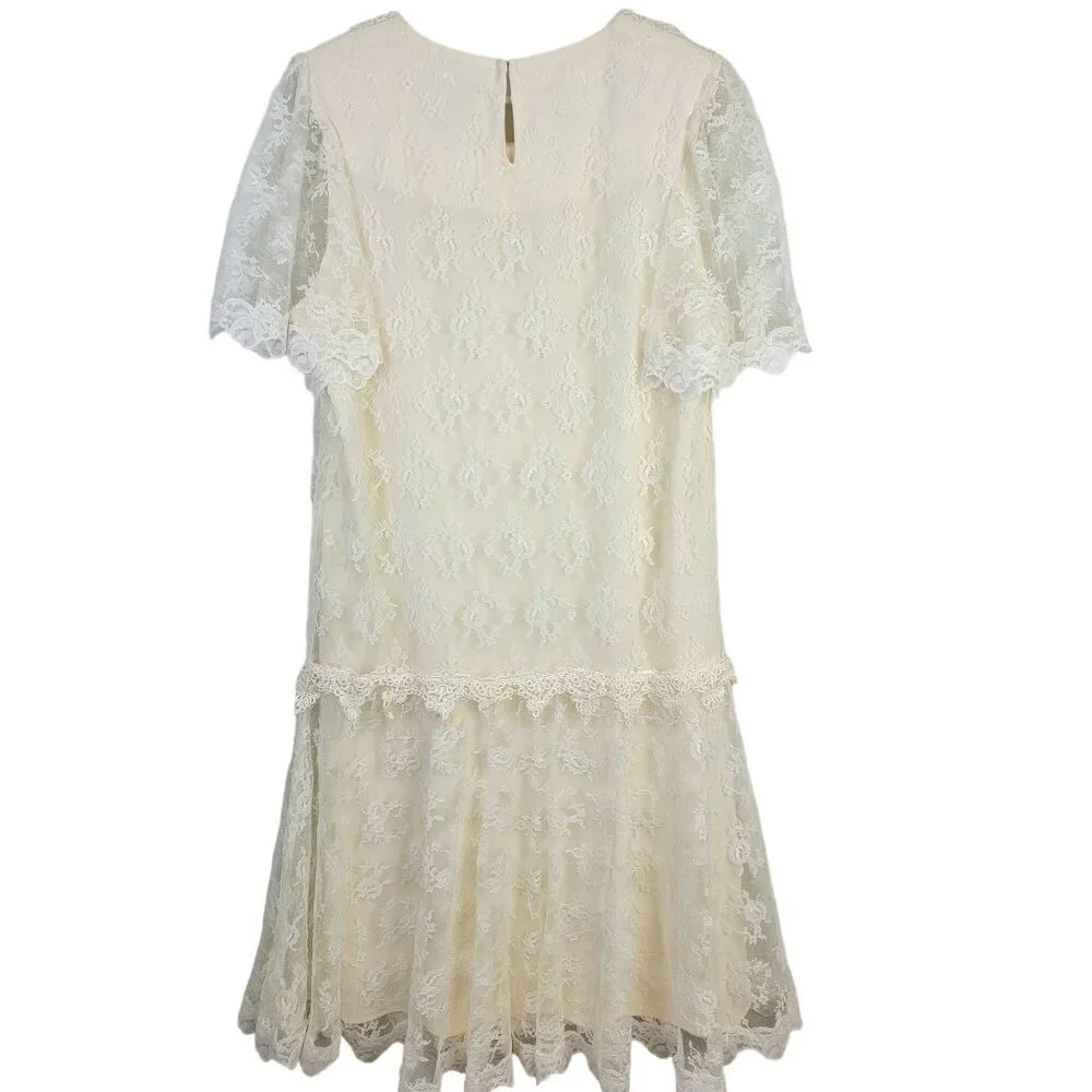 Vintage 80s Lace Midi Dress Women 12 Cream 20s Style Formal Wedding Retro Summer - Picture 3 of 13